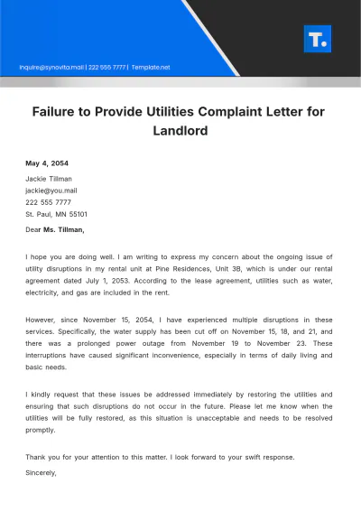 Free Failure To Provide Utilities Complaint Letter For Landlord Template to Edit Online