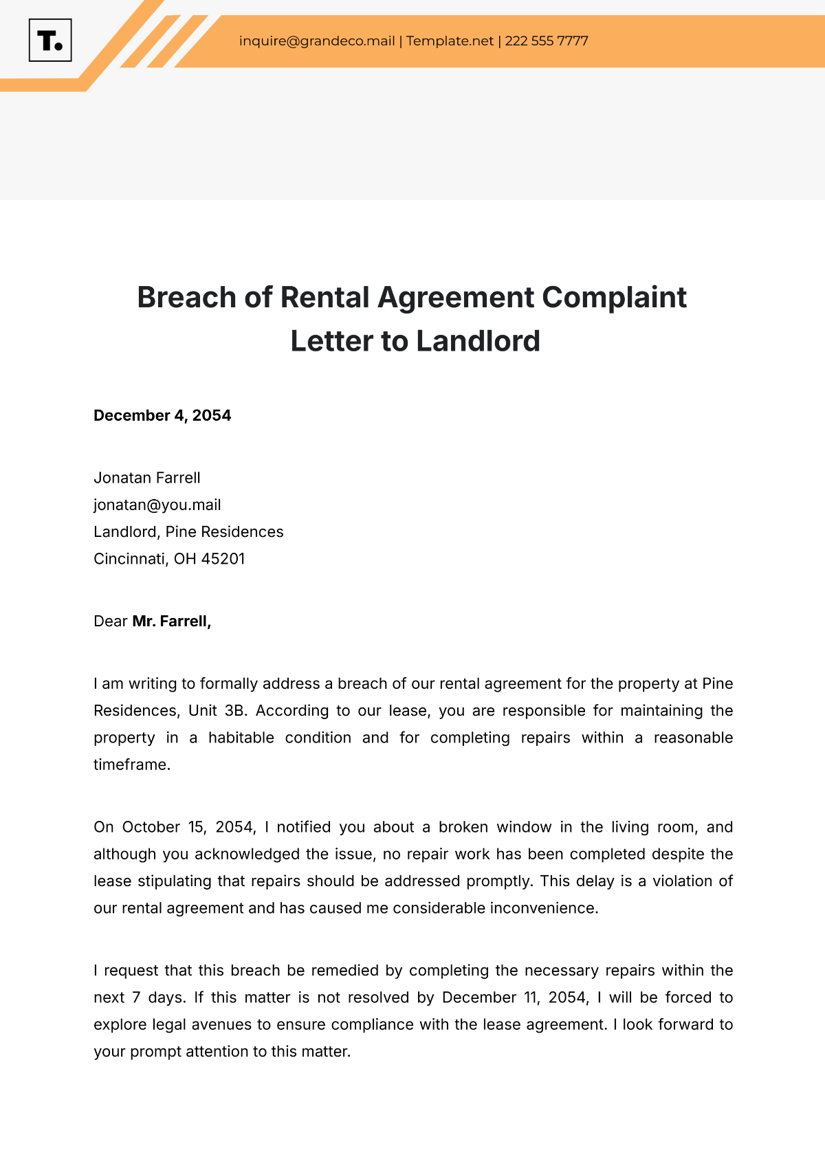 Breach Of Rental Agreement Complaint Letter To Landlord Template - Edit Online & Download