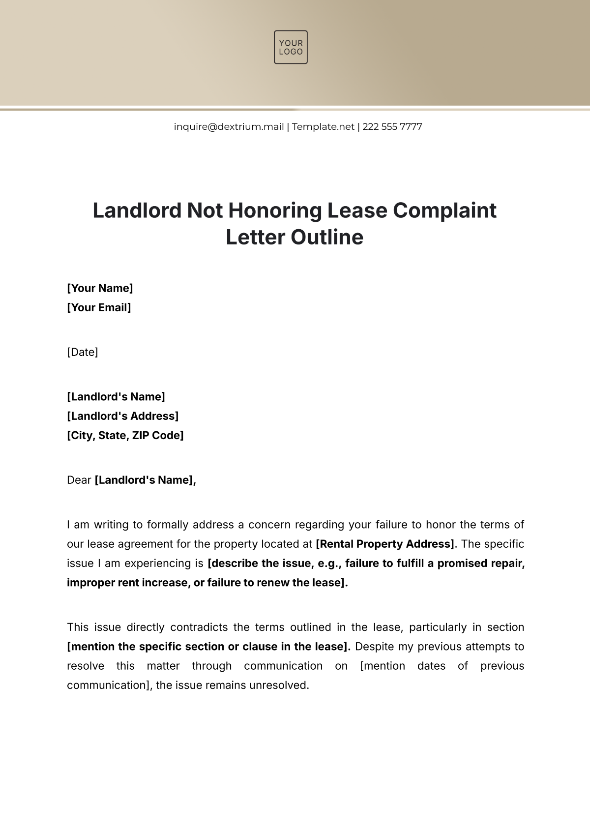 Landlord Not Honoring Lease Complaint Letter Outline Template - Edit Online & Download