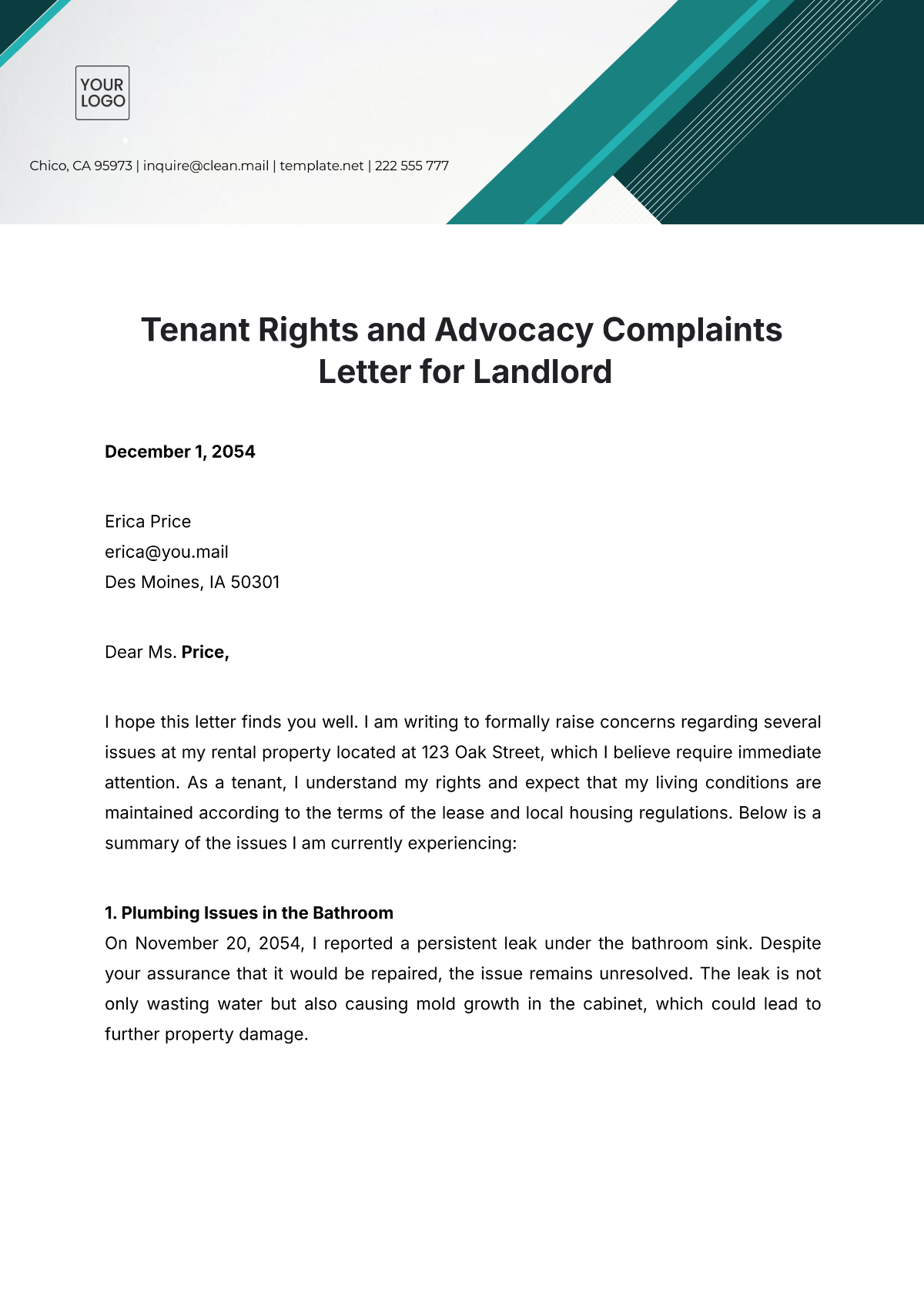 Tenant Rights And Advocacy Complaints Letter For Landlord Template - Edit Online & Download