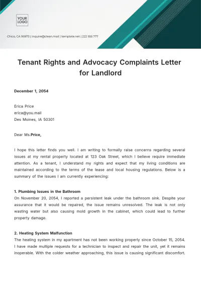 Free Tenant Rights And Advocacy Complaints Letter For Landlord Template to Edit Online