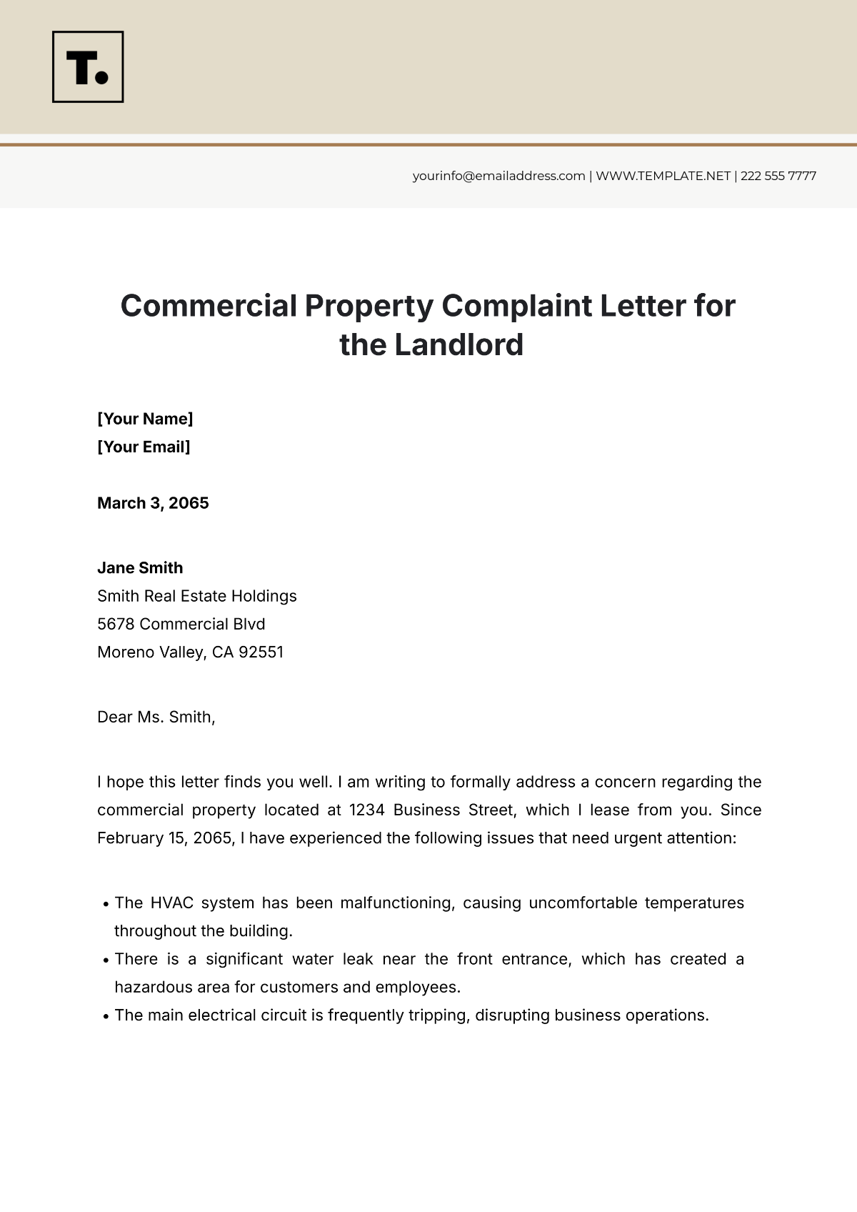 Commercial Property Complaint Letter For The Landlord Template - Edit Online & Download