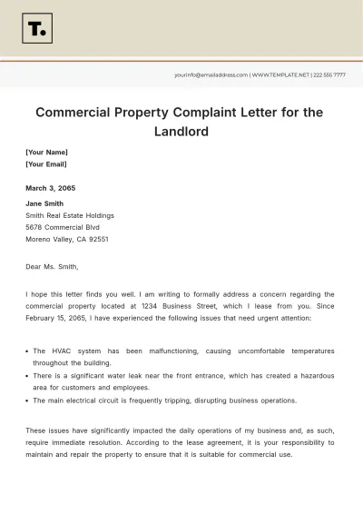Free Commercial Property Complaint Letter For The Landlord Template to Edit Online