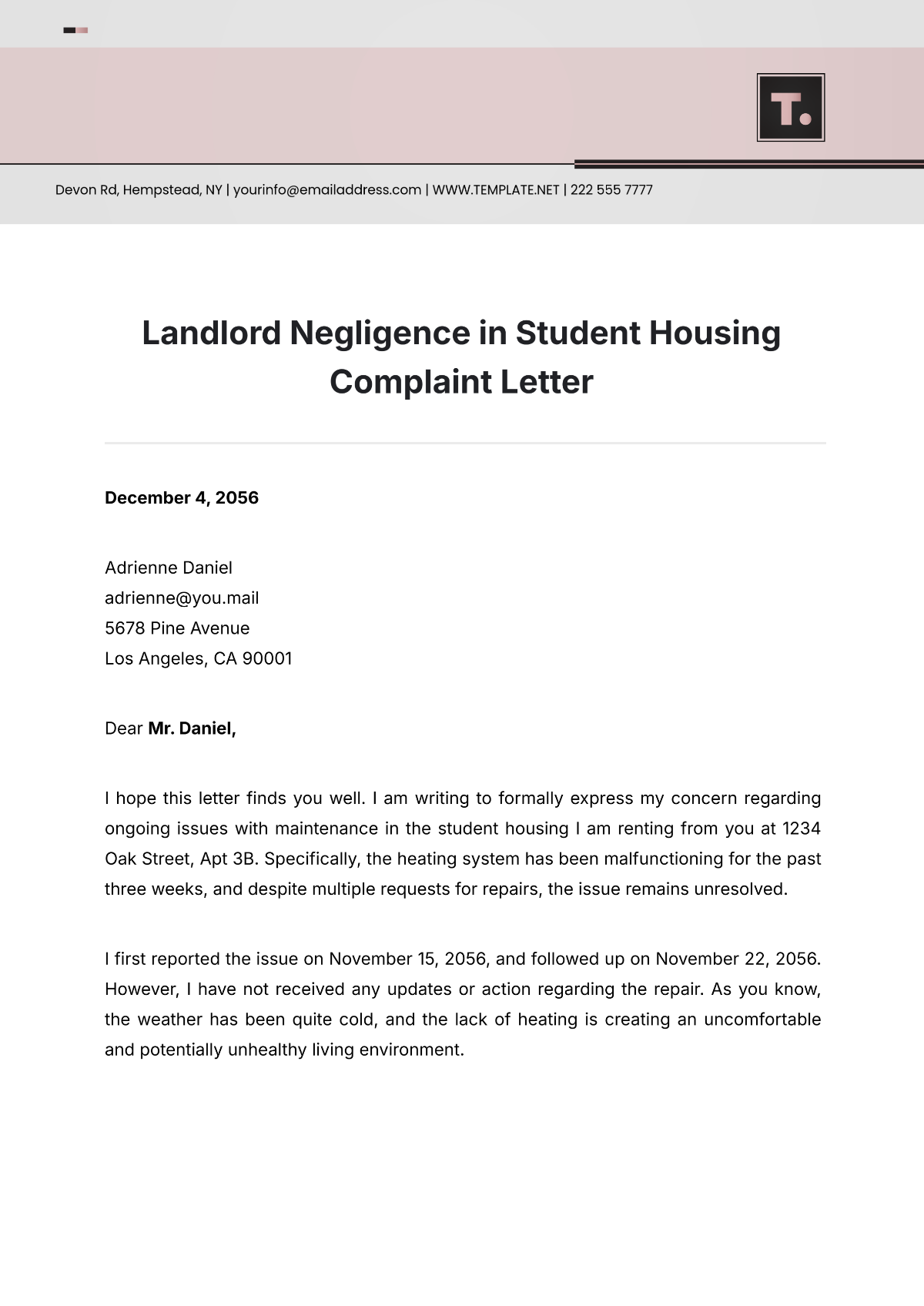 Landlord Negligence In Student Housing Complaint Letter Template - Edit Online & Download