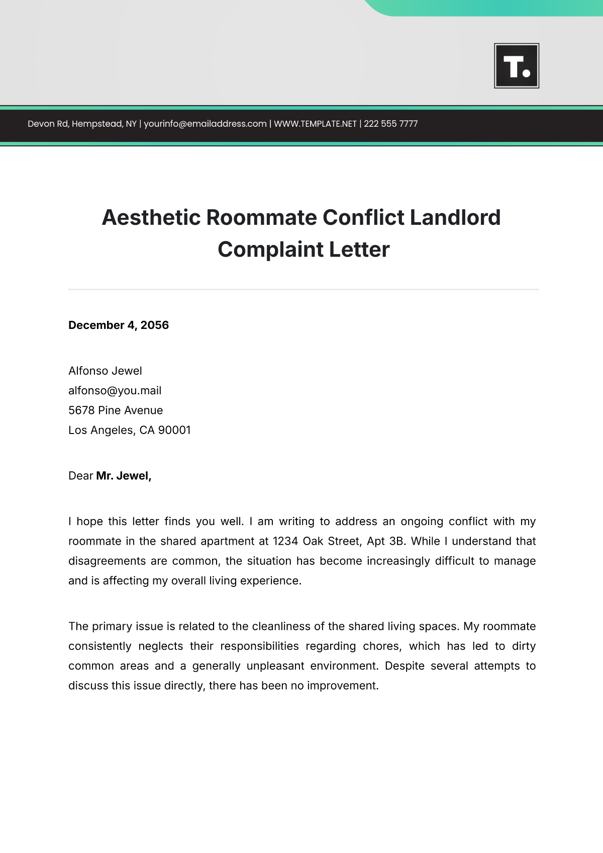 Aesthetic Roommate Conflict Landlord Complaint Letter Template - Edit Online & Download