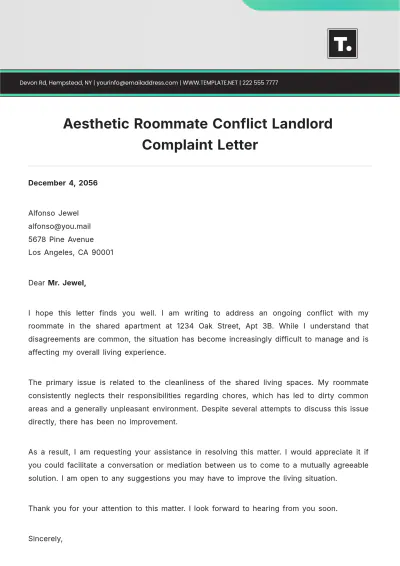 Free Aesthetic Roommate Conflict Landlord Complaint Letter Template to Edit Online