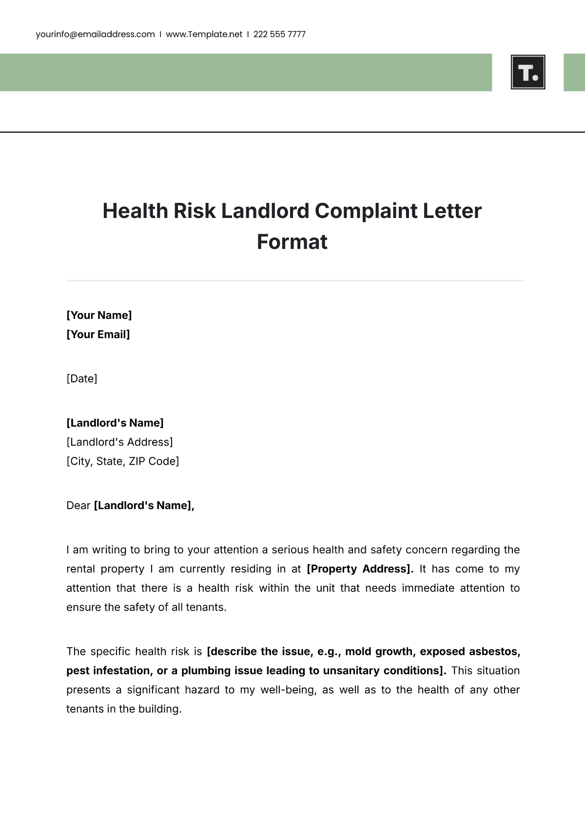 Health Risk Landlord Complaint Letter Format Template - Edit Online & Download