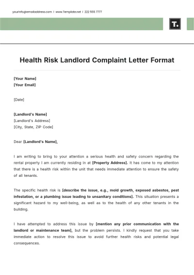Free Health Risk Landlord Complaint Letter Format Template to Edit Online