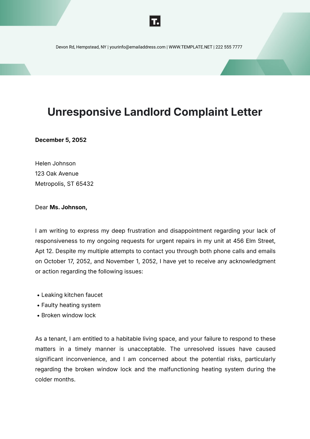 Unresponsive Landlord Complaint Letter Template - Edit Online & Download