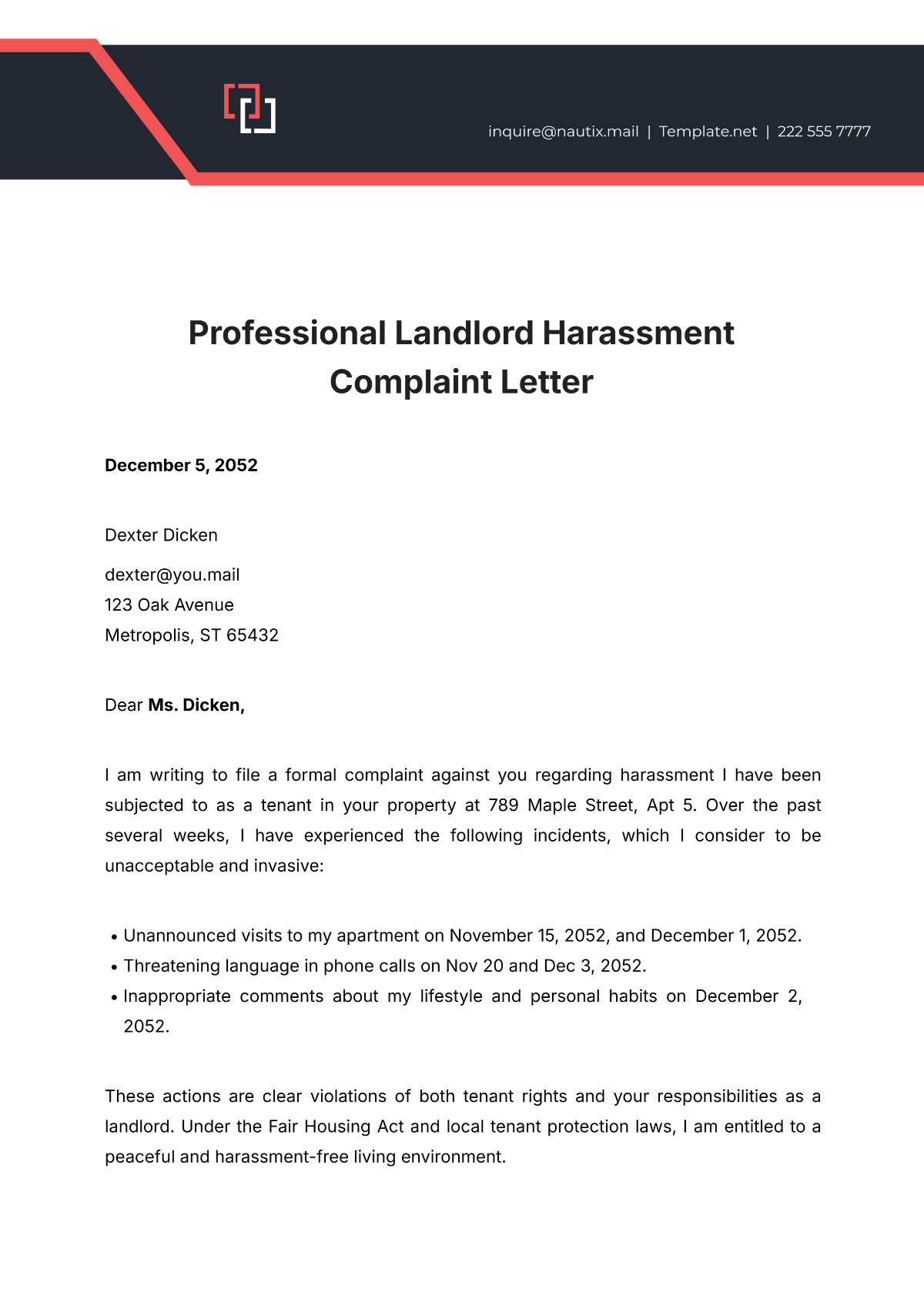 Professional Landlord Harassment Complaint Letter Template - Edit Online & Download