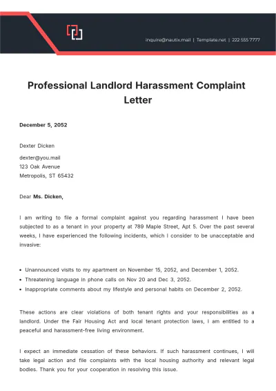 Free Professional Landlord Harassment Complaint Letter Template to Edit Online