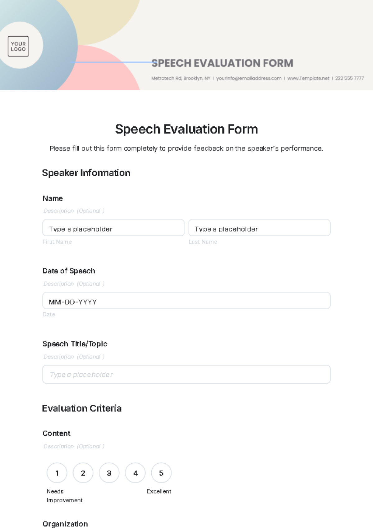 Speech Evaluation Form Template - Edit Online & Download