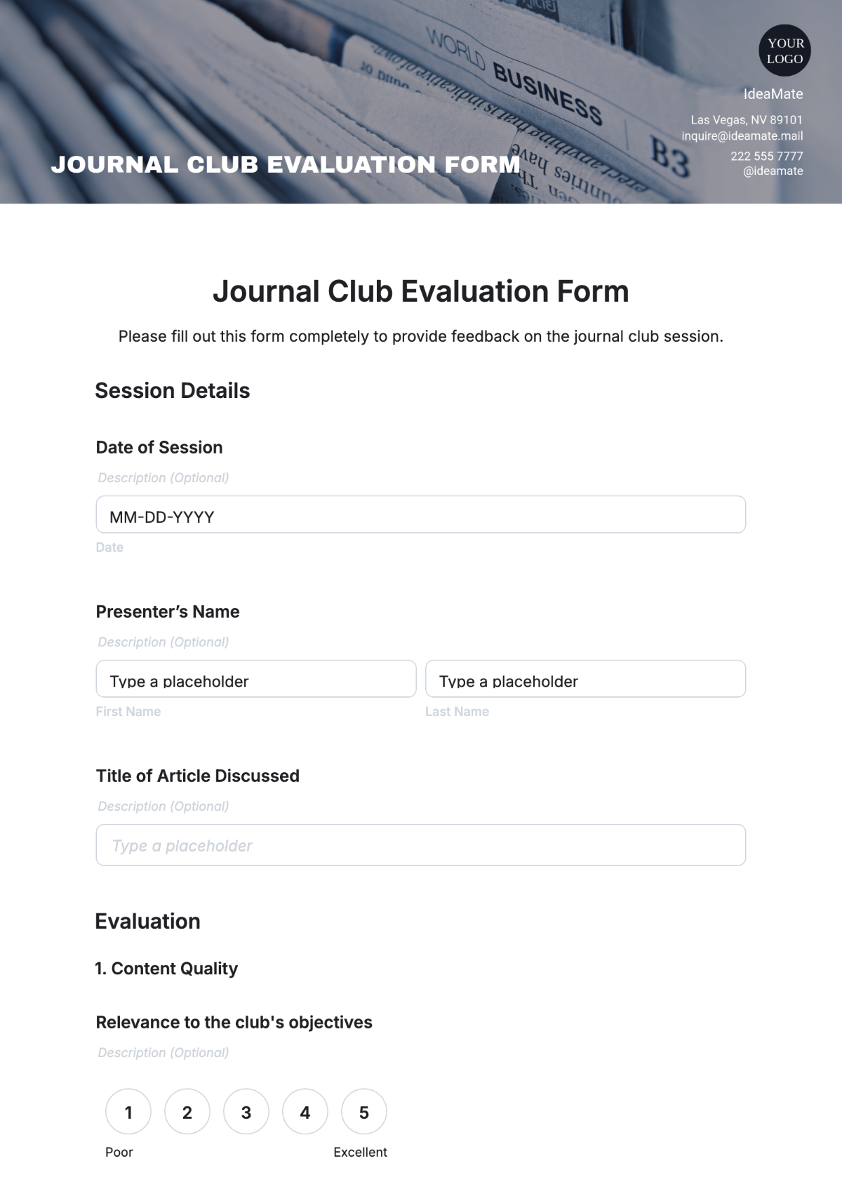 Journal Club Evaluation Form Template - Edit Online & Download