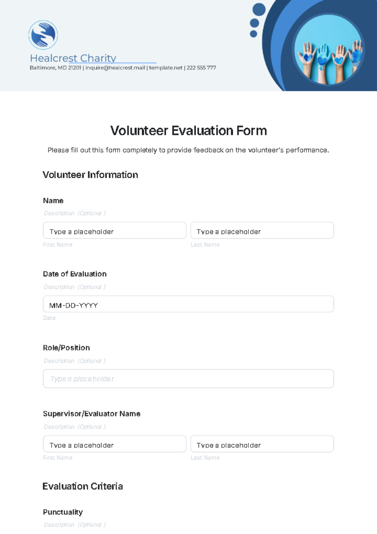 Volunteer Evaluation Form Template - Edit Online & Download