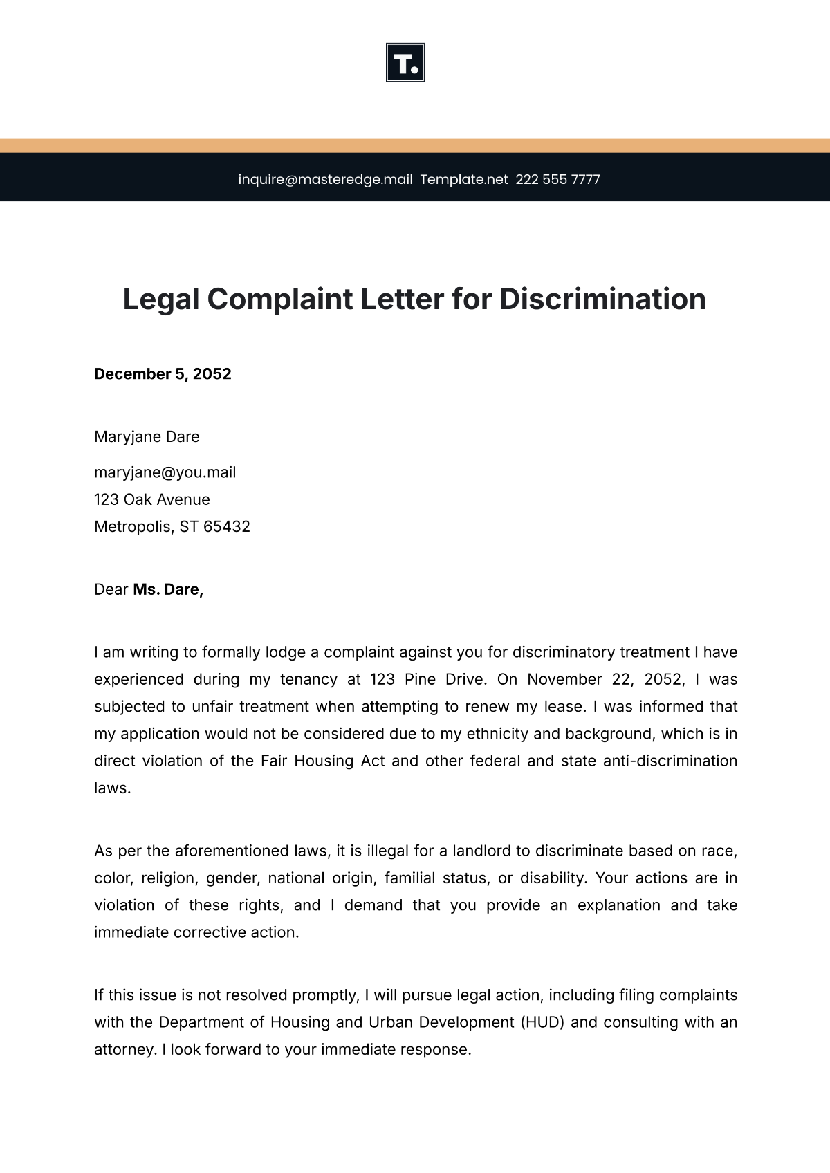 Legal Complaint Letter For Discrimination Template - Edit Online & Download