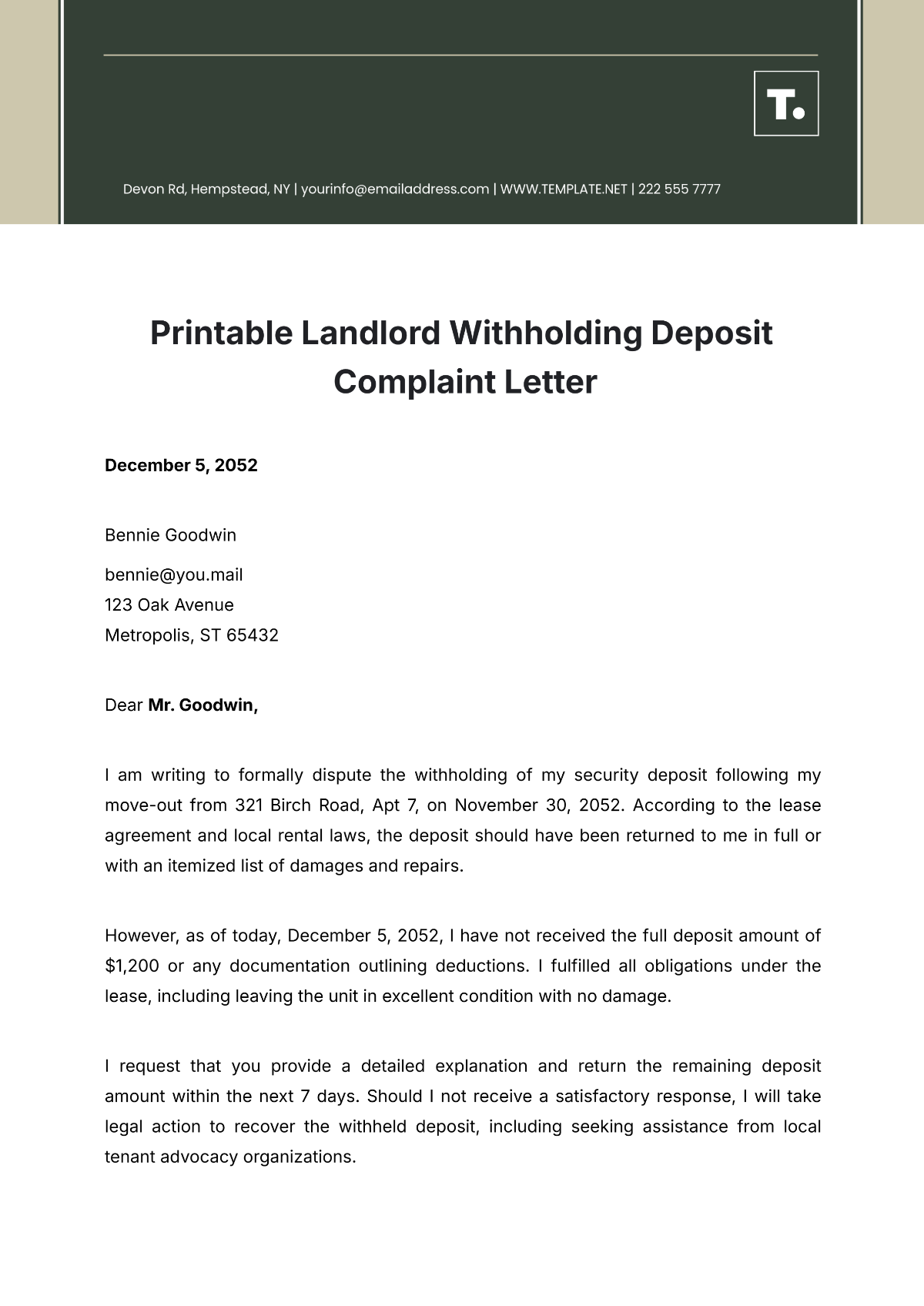 Printable Landlord Withholding Deposit Complaint Letter Template - Edit Online & Download