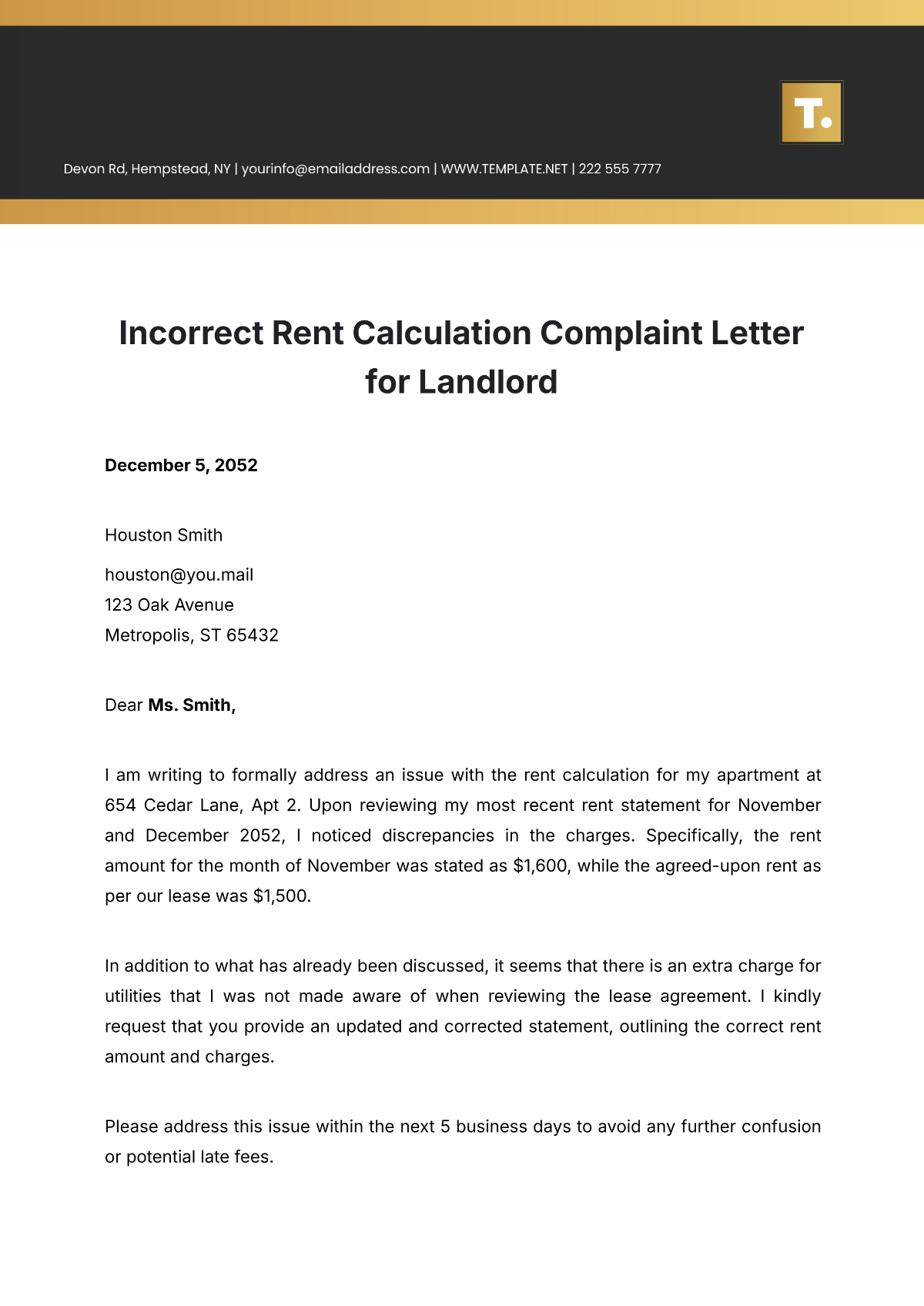 Incorrect Rent Calculation Complaint Letter For Landlord Template - Edit Online & Download