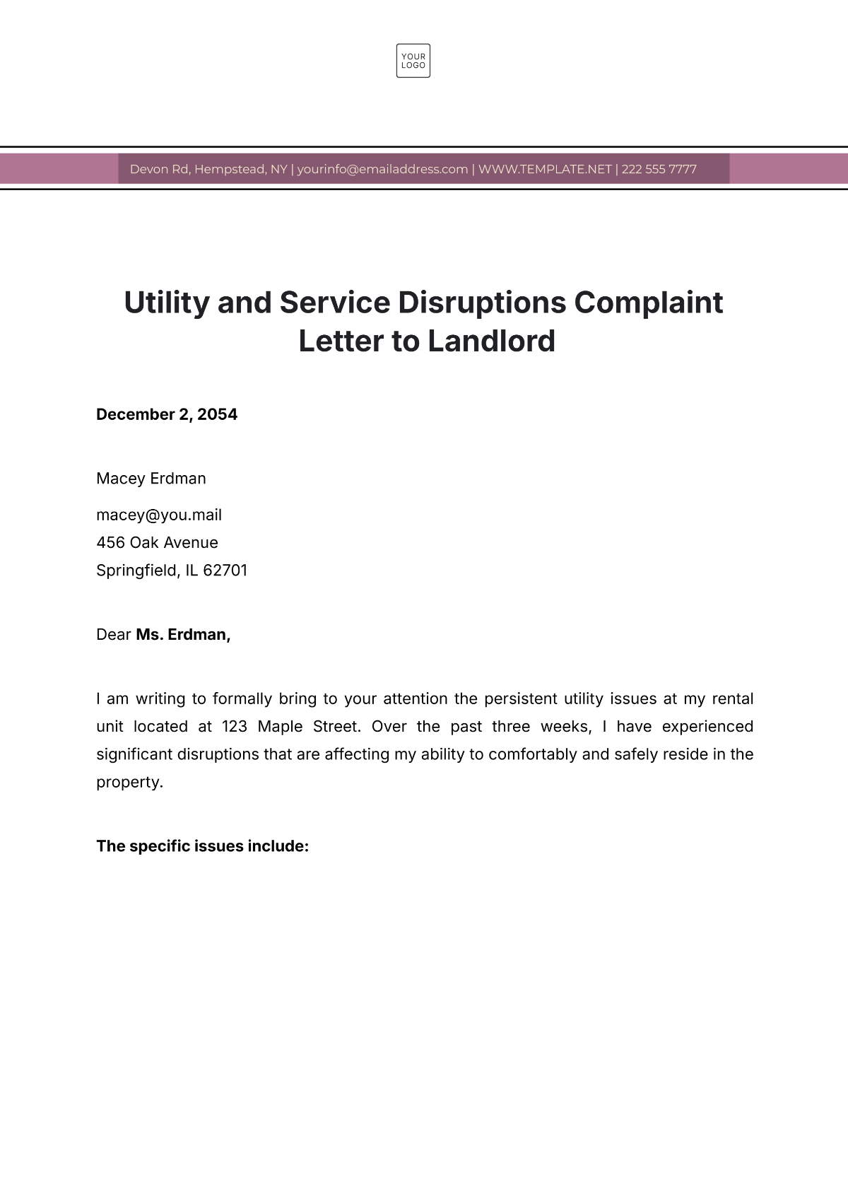 Utility And Service Disruptions Complaint Letter To Landlord Template - Edit Online & Download