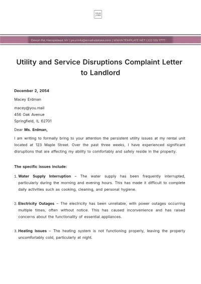 Free Utility And Service Disruptions Complaint Letter To Landlord Template to Edit Online