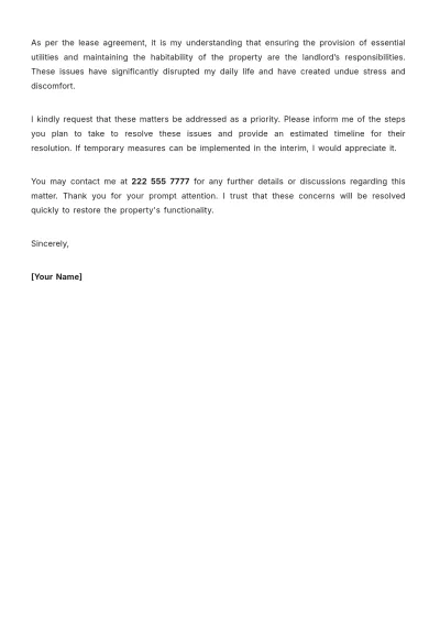 Free Utility And Service Disruptions Complaint Letter To Landlord Template to Edit Online
