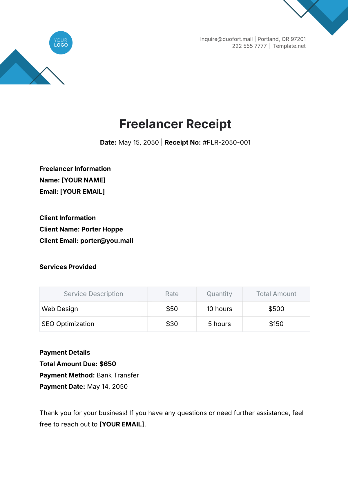 Freelancer Receipt Template - Edit Online & Download