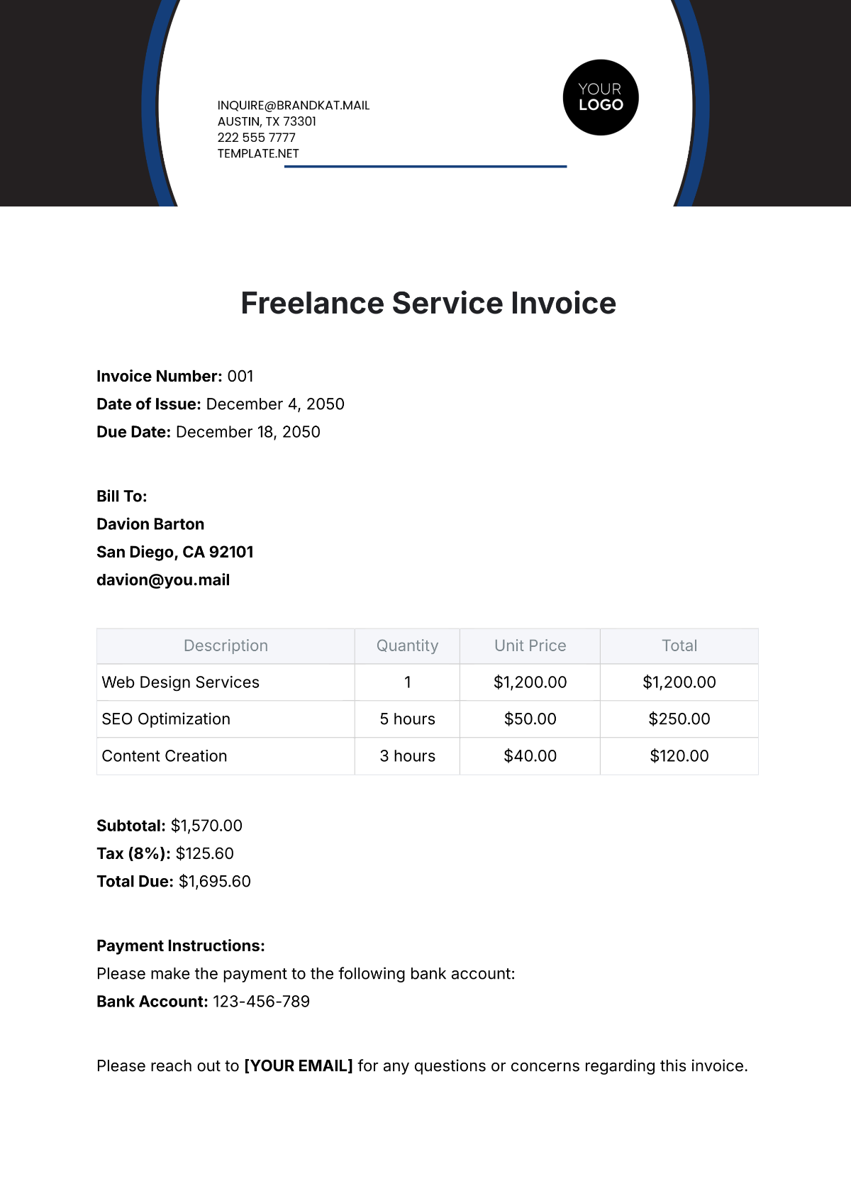 Freelance Service Invoice Template - Edit Online & Download