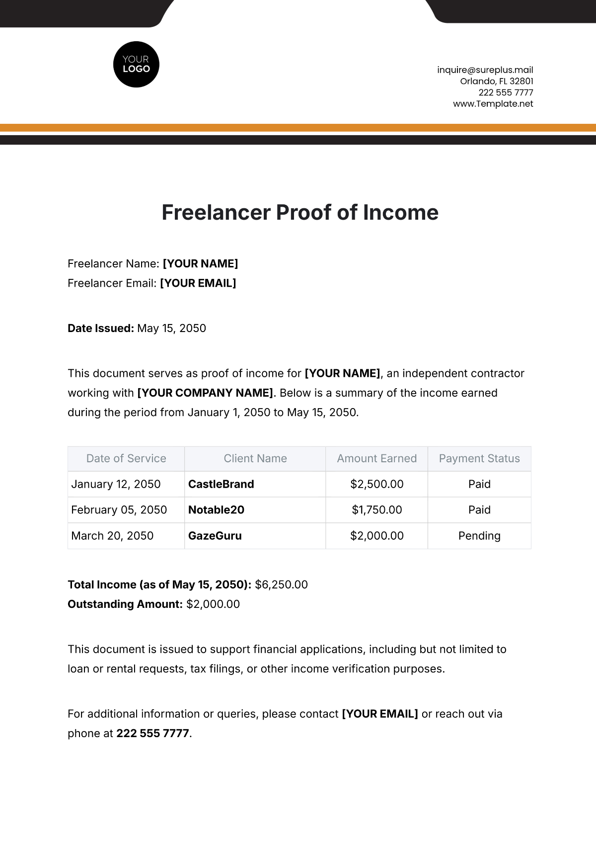 Freelancer Proof of Income Template - Edit Online & Download