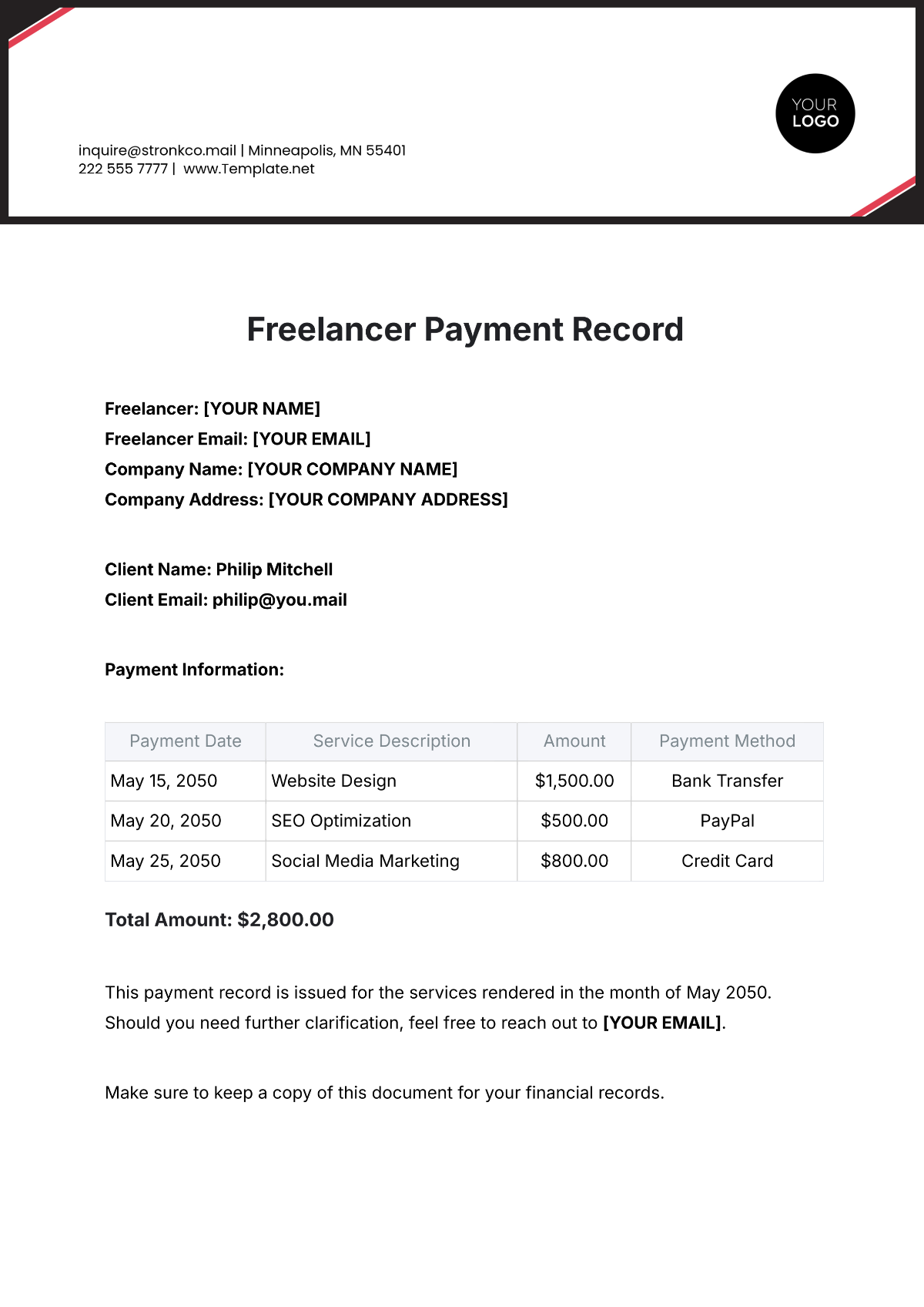 Freelancer Payment Record Template - Edit Online & Download