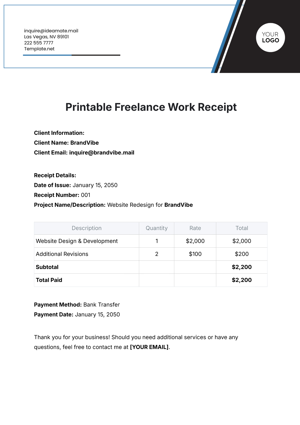 Printable Freelance Work Receipt Template - Edit Online & Download