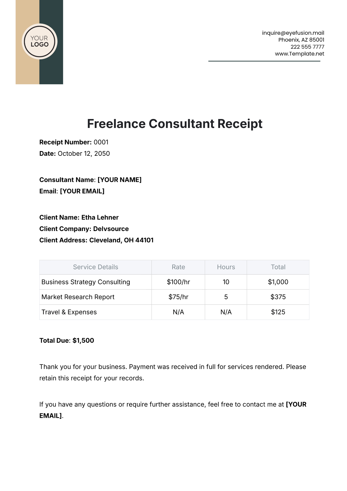 Freelance Consultant Receipt Template - Edit Online & Download