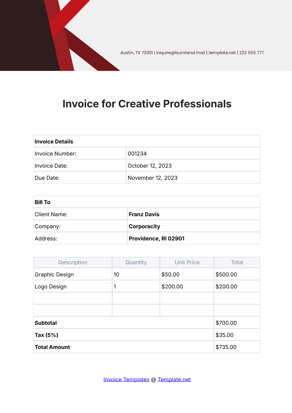 Invoice Template for Creative Professionals - Edit Online & Download