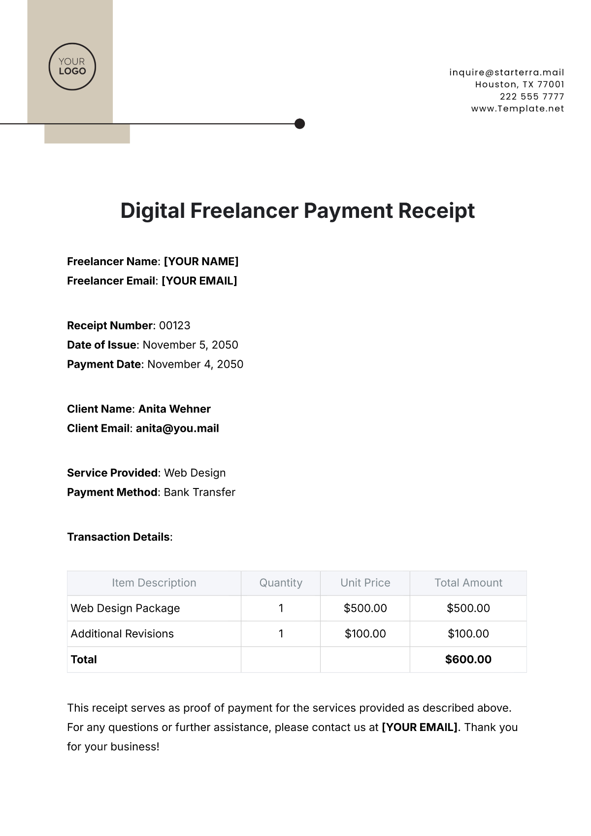 Digital Freelancer Payment Receipt Template - Edit Online & Download