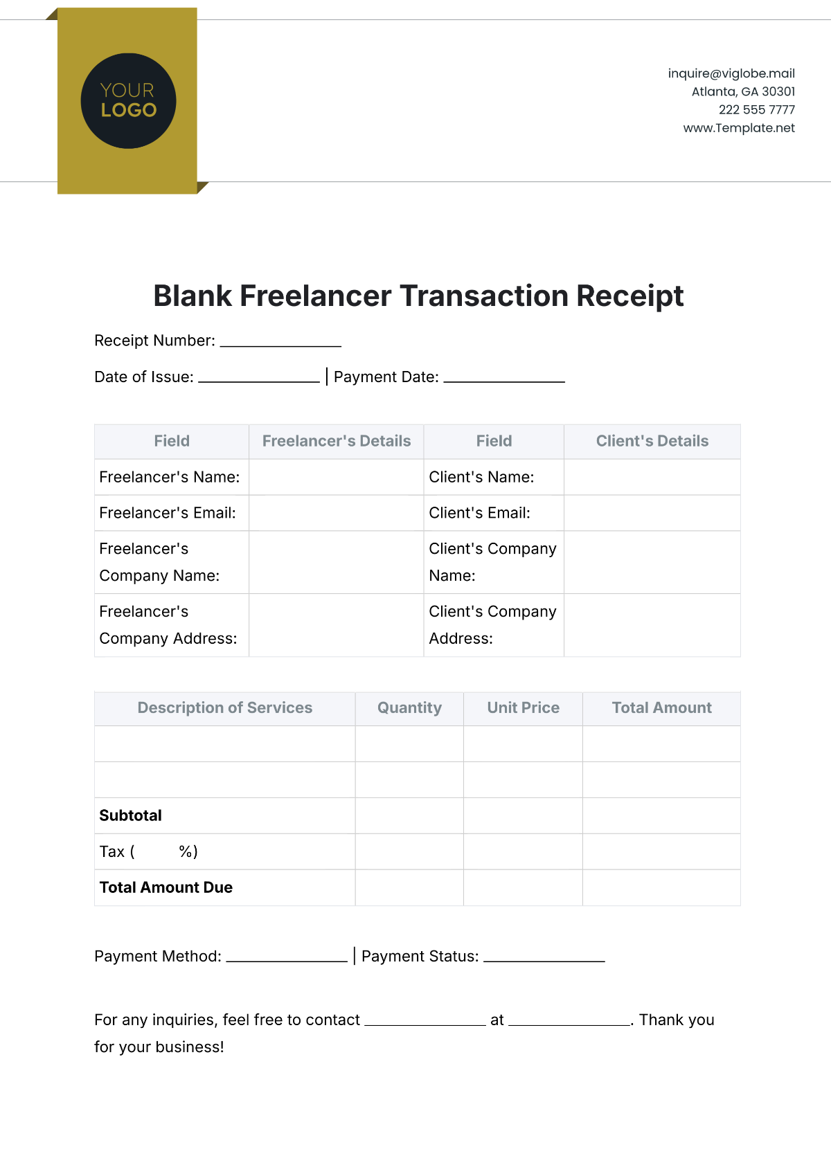 Blank Freelancer Transaction Receipt Template - Edit Online & Download