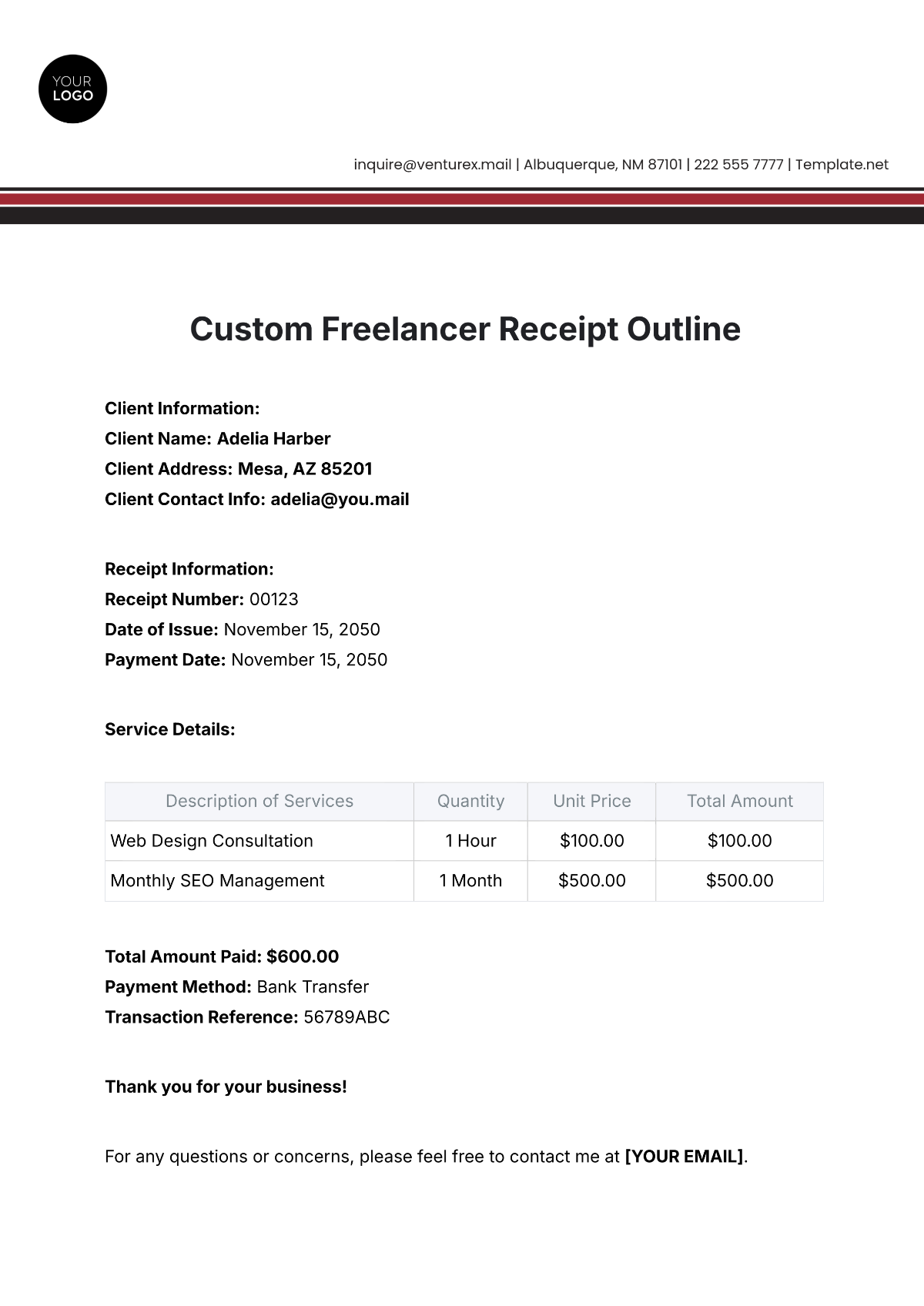 Custom Freelancer Receipt Outline Template - Edit Online & Download