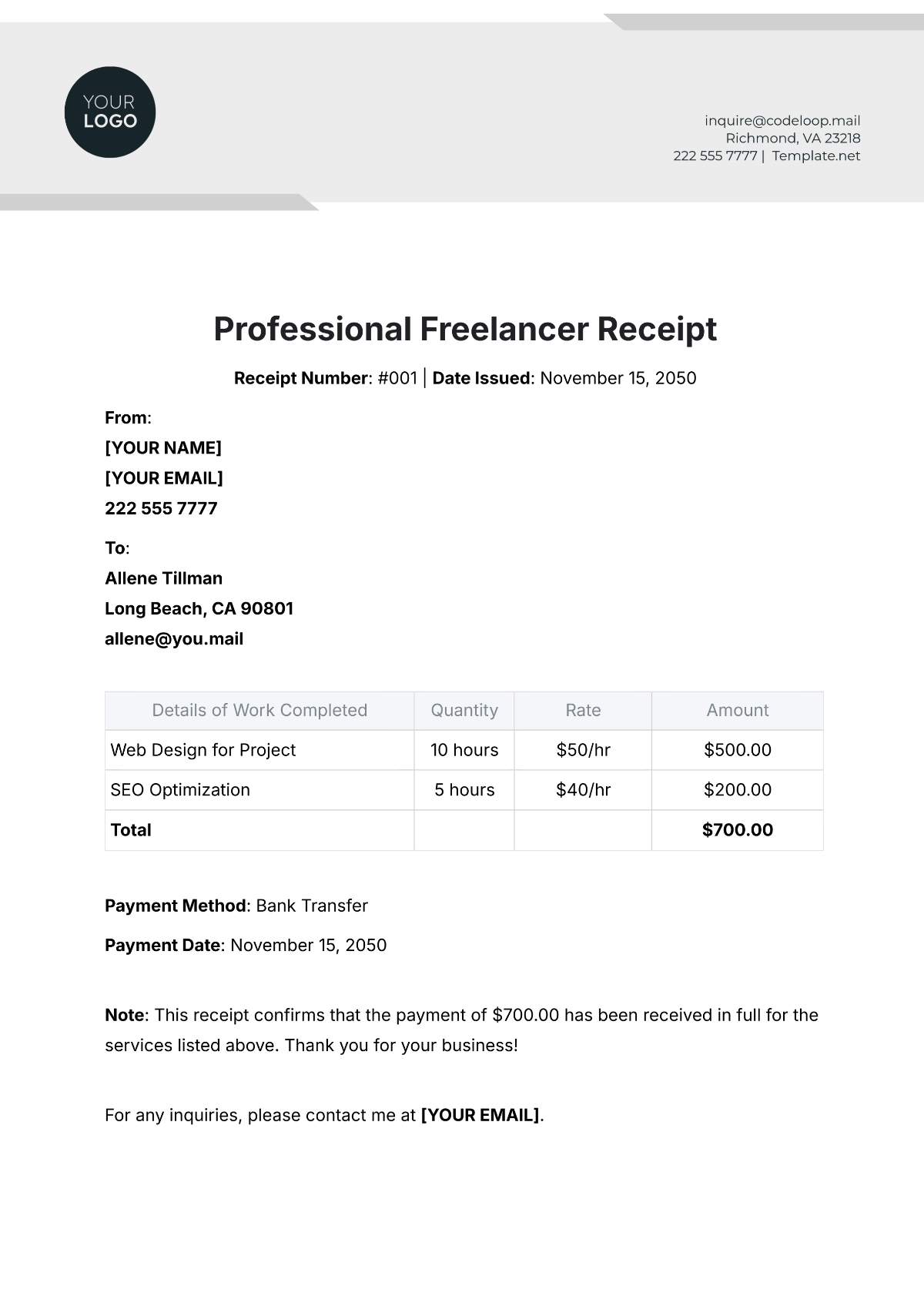 Professional Freelancer Receipt Template - Edit Online & Download