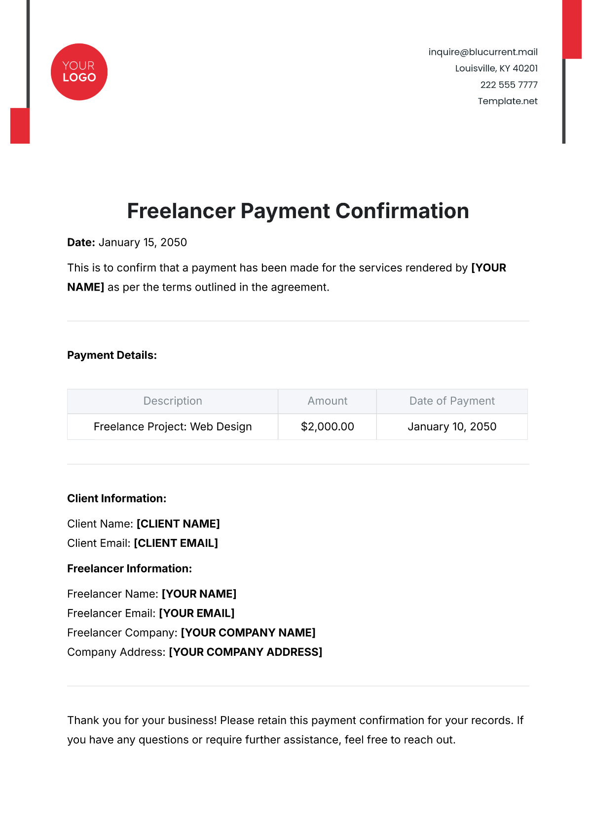 Freelancer Payment Confirmation Template - Edit Online & Download