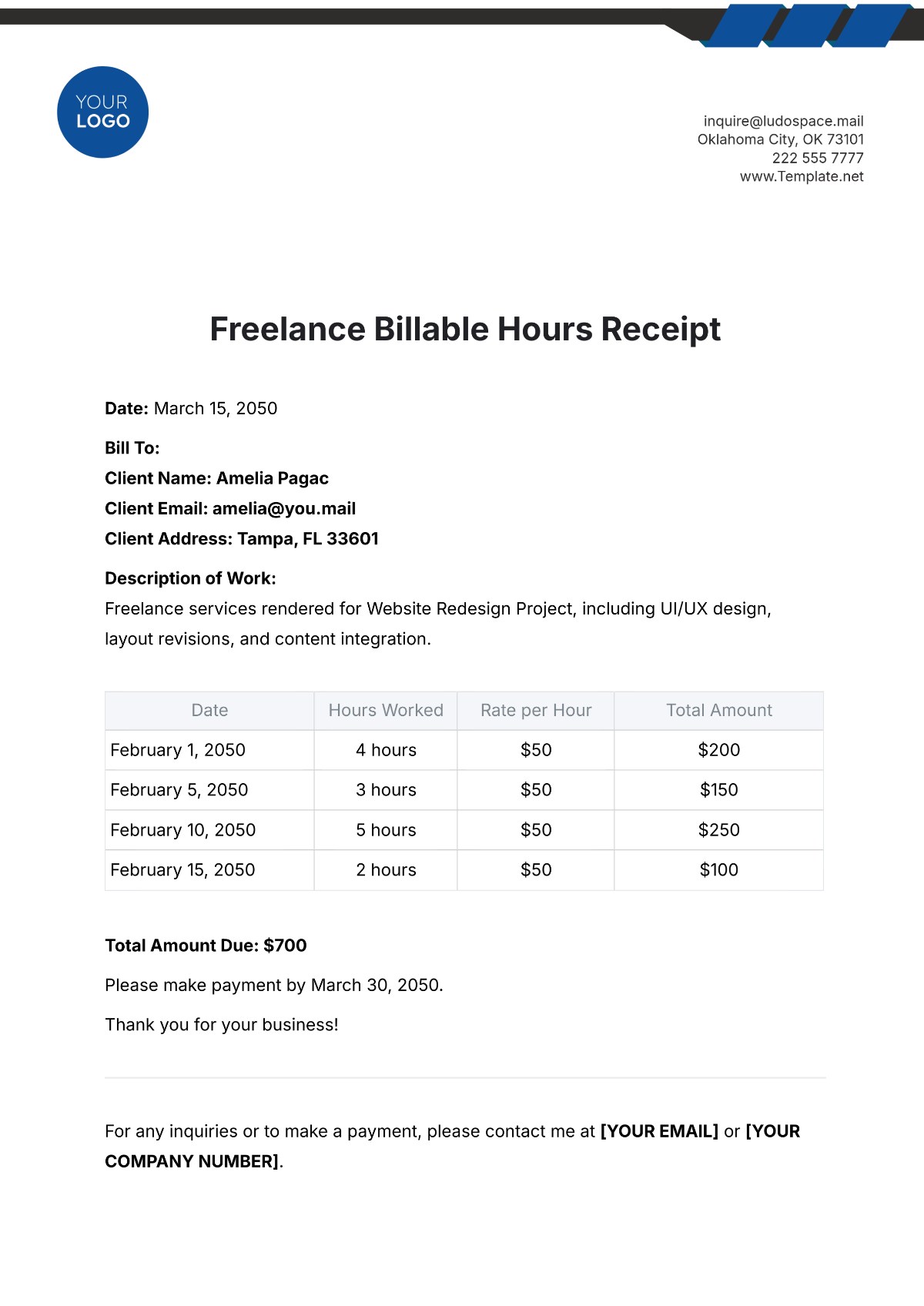 Freelance Billable Hours Receipt Template - Edit Online & Download