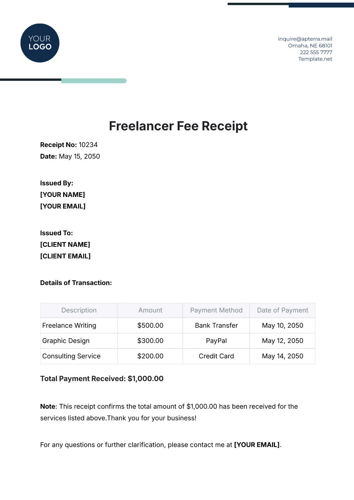 Freelancer Fee Receipt Template - Edit Online & Download