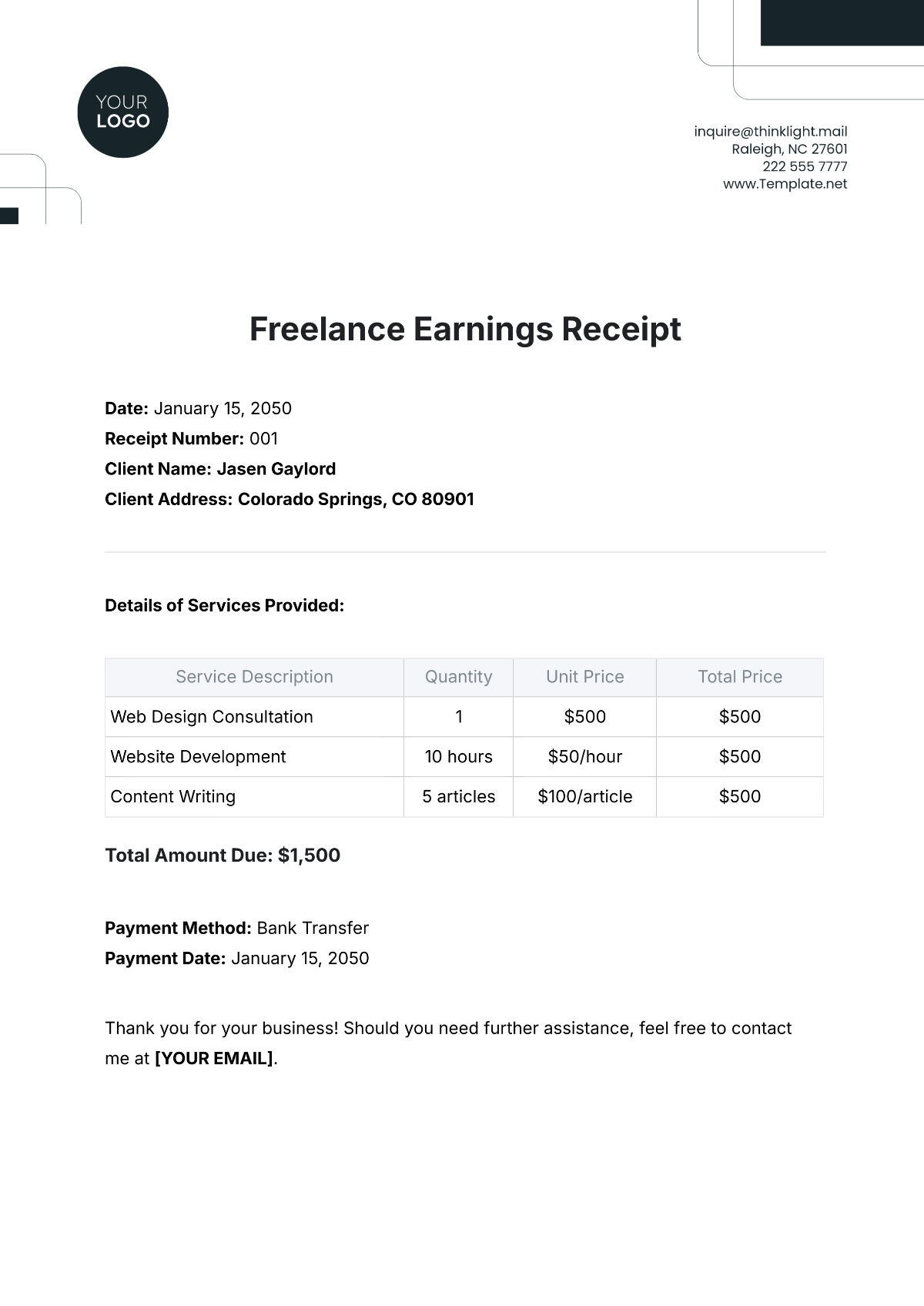 Freelance Earnings Receipt Template - Edit Online & Download