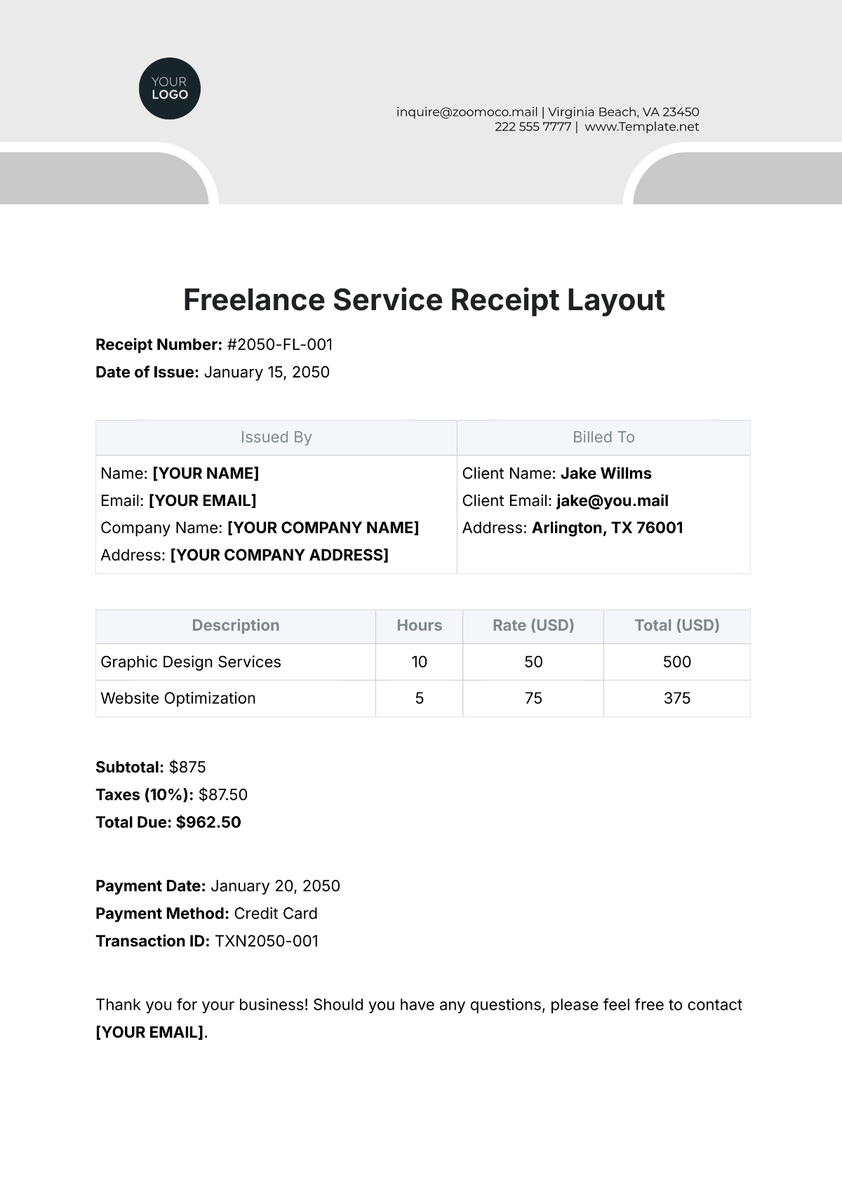 Freelance Service Receipt Layout Template - Edit Online & Download