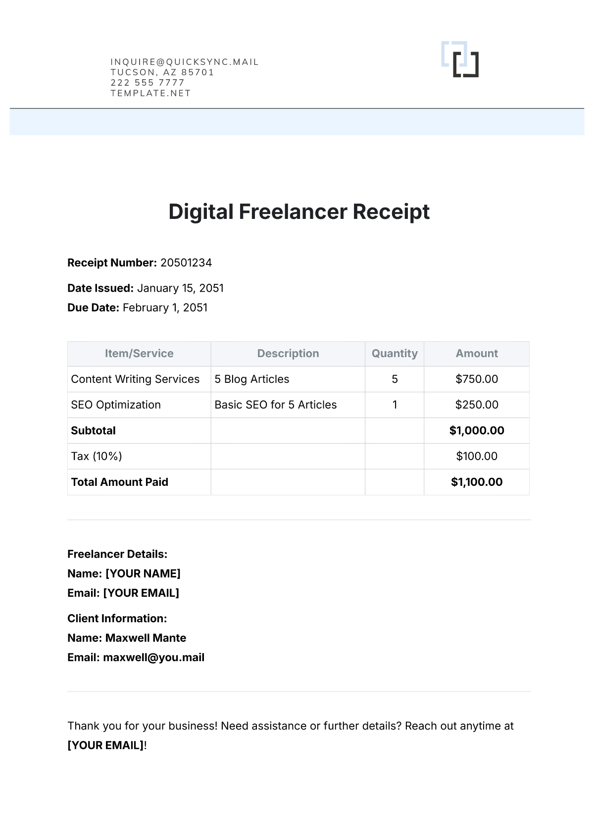 Digital Freelancer Receipt Template - Edit Online & Download