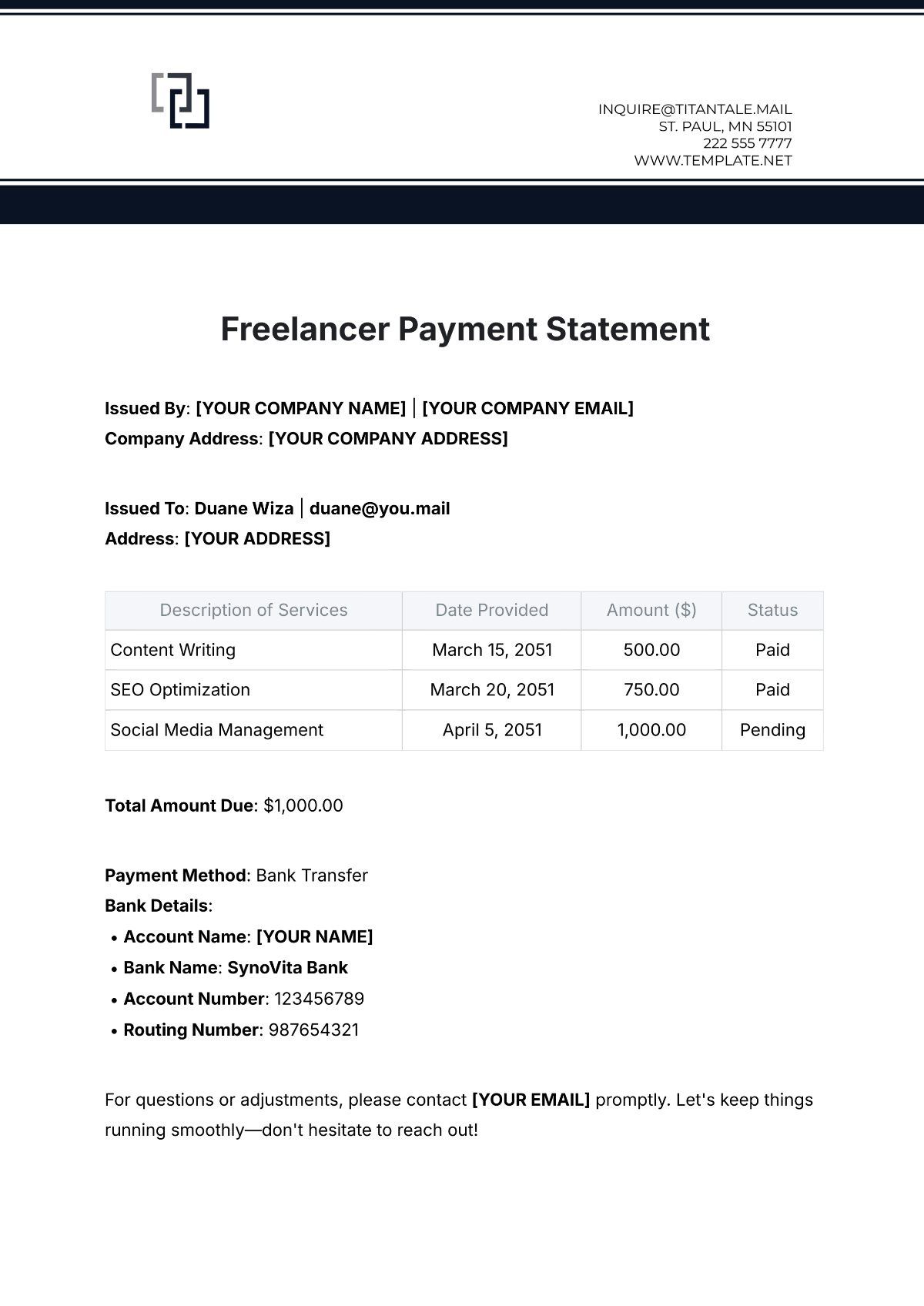 Freelancer Payment Statement Template - Edit Online & Download