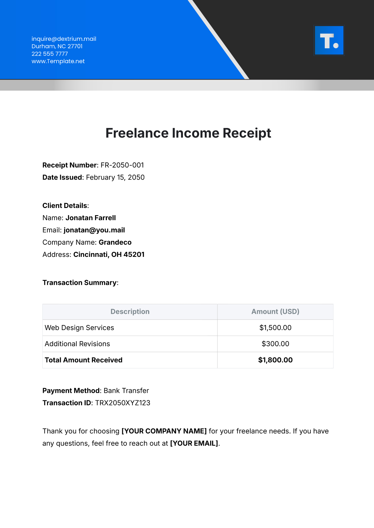 Freelance Income Receipt Template - Edit Online & Download