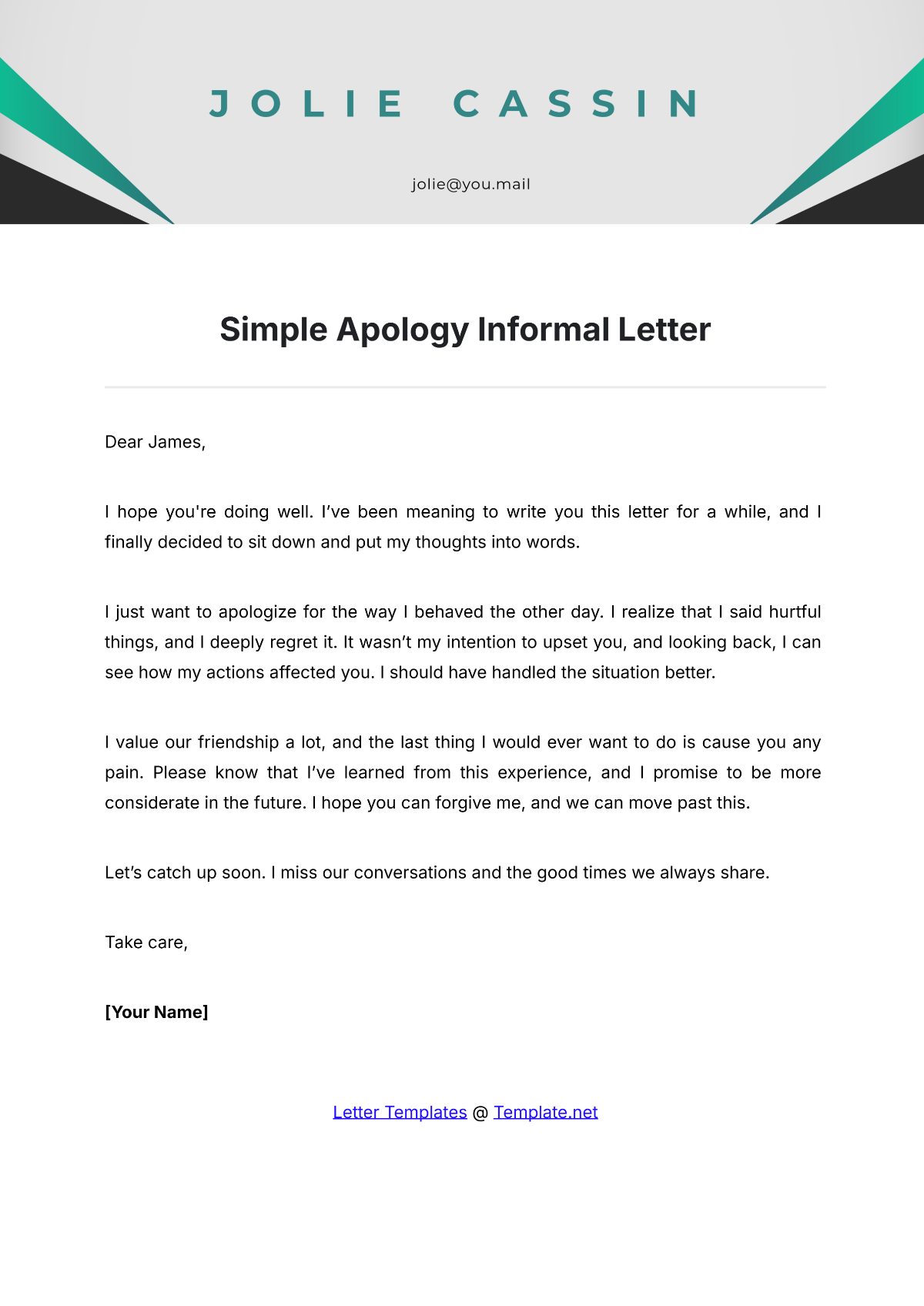 Simple Apology Informal Letter Template - Edit Online & Download