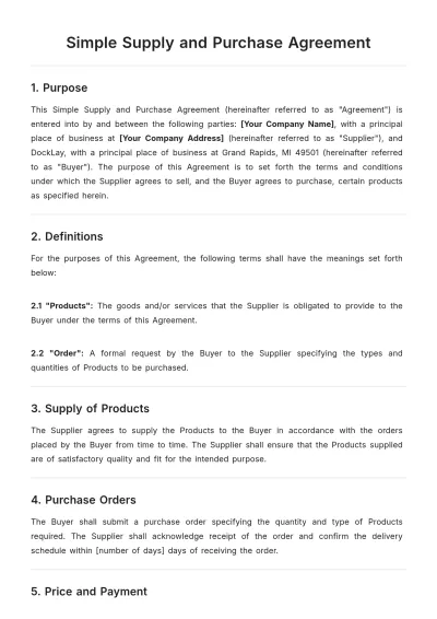 Free Simple Supply and Purchase Agreement Template to Edit Online