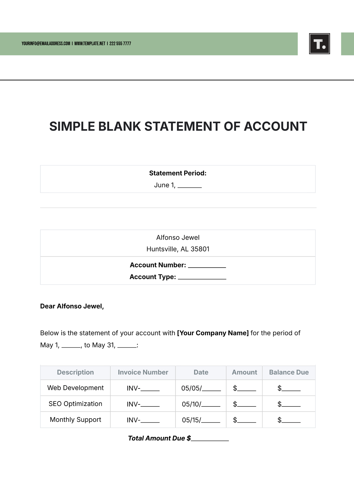 Simple Blank Statement of Account Template - Edit Online & Download