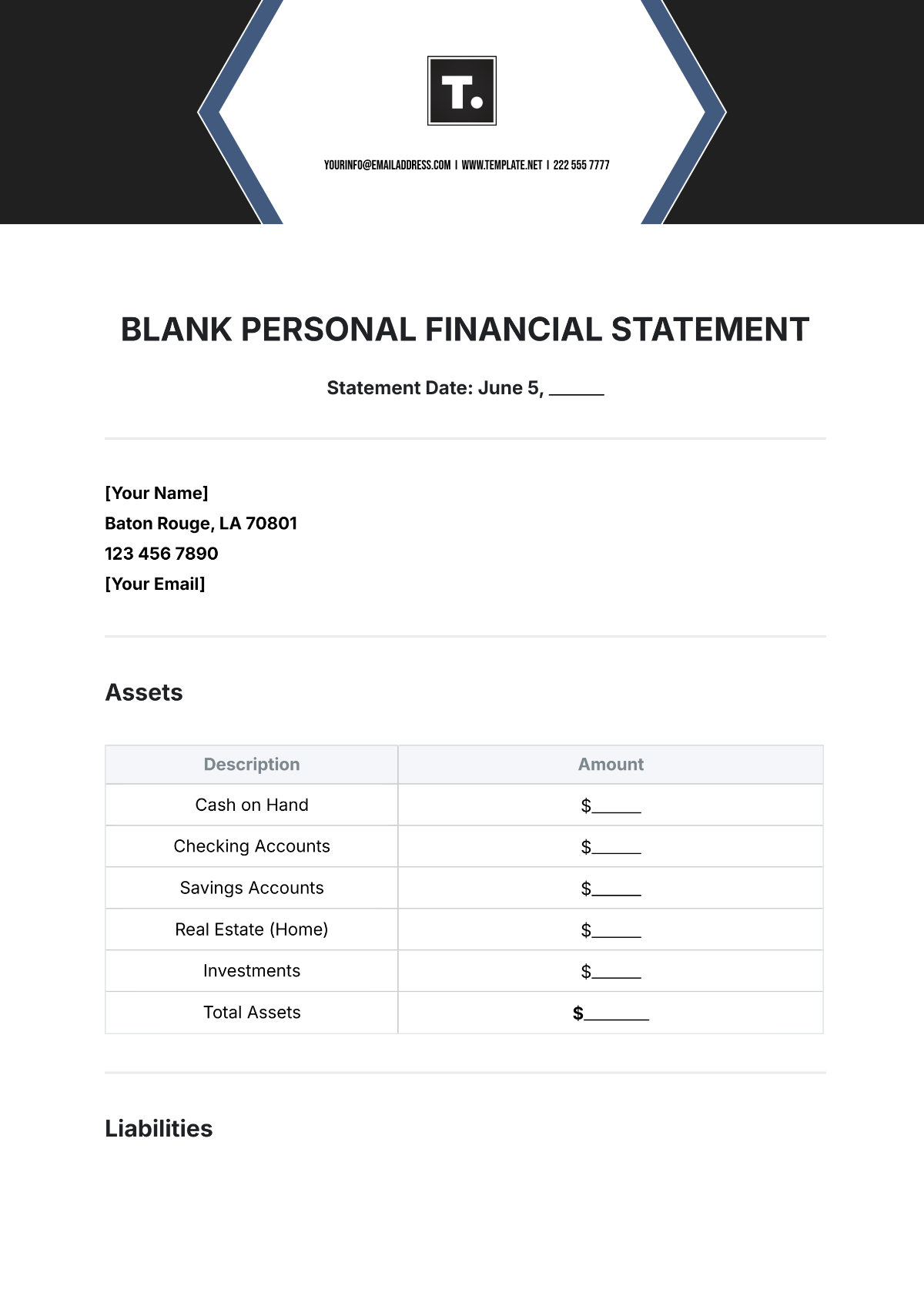 Blank Personal Financial Statement Template - Edit Online & Download