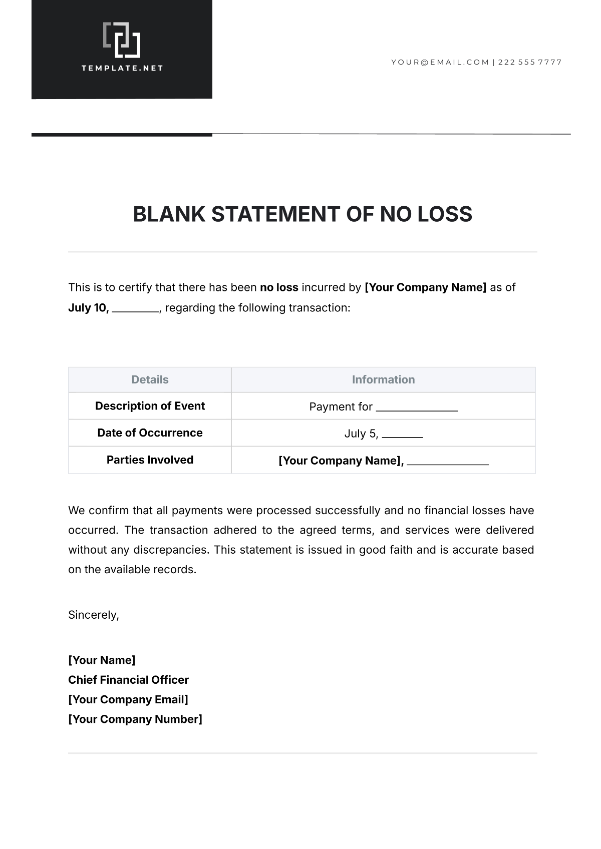 Blank Statement of No Loss Template - Edit Online & Download