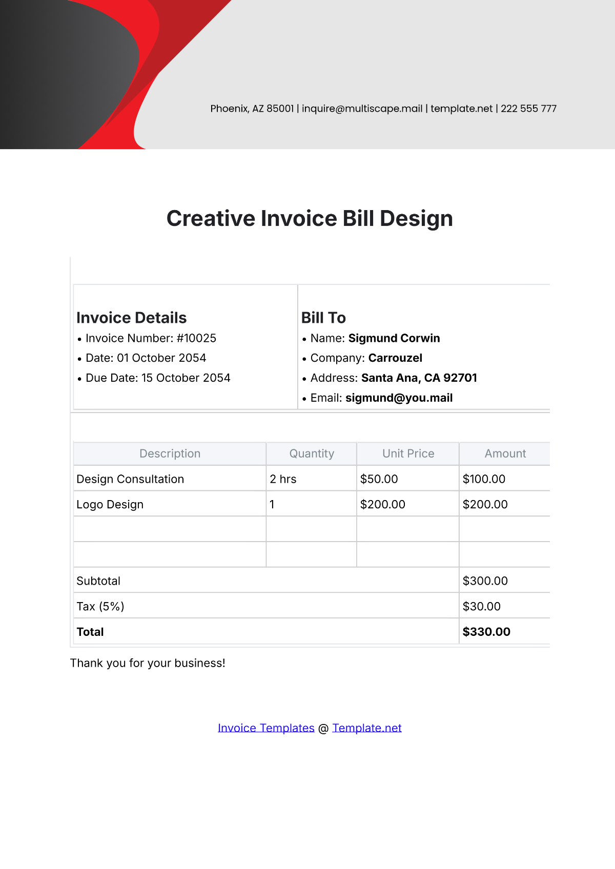 Creative Invoice Bill Design Template - Edit Online & Download