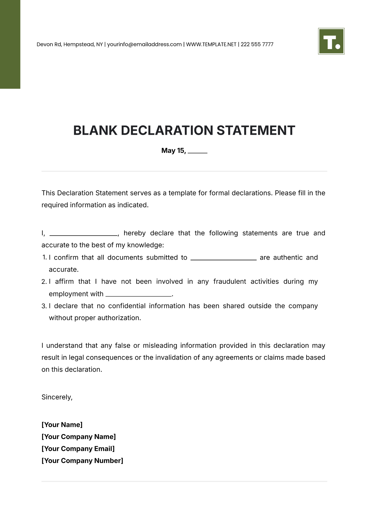 Blank Declaration Statement Template - Edit Online & Download